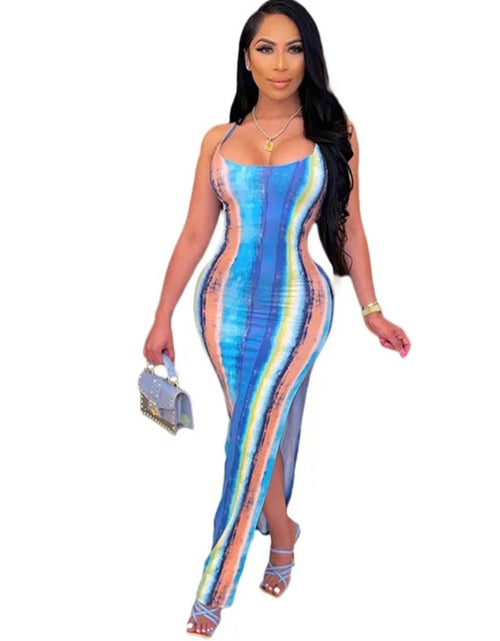 Load image into Gallery viewer, (Tariffs included in price) Summer dress features a color-blocking tie-dye print, crafted from eco-friendly and anti-wrinkle spandex material with a sleeveless silhouette and straight hem.
