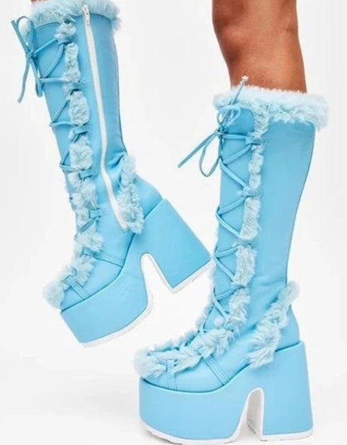 Load image into Gallery viewer, (Free Shipping) Women's Western Thick Chunky Heels Long Lace Up Furry Round Toe Platform Knee High Boots
