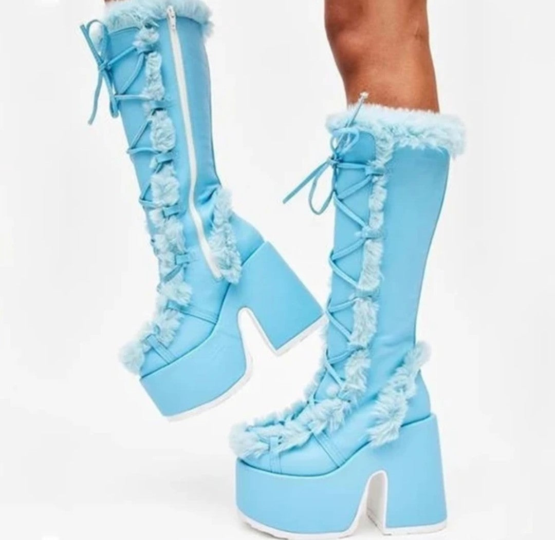 (Free Shipping) Women's Western Thick Chunky Heels Long Lace Up Furry Round Toe Platform Knee High Boots