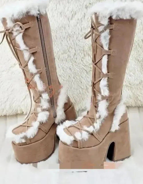 Load image into Gallery viewer, (Free Shipping) Women's Western Thick Chunky Heels Long Lace Up Furry Round Toe Platform Knee High Boots
