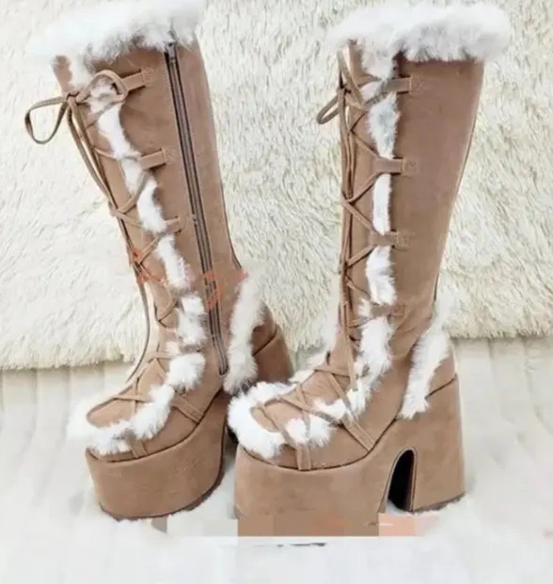 (Free Shipping) Women's Western Thick Chunky Heels Long Lace Up Furry Round Toe Platform Knee High Boots