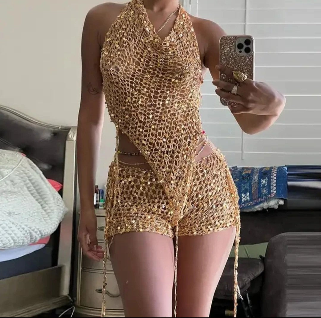 (Free Shipping)(Tariffs included in price) Hooded Knit sequins 2 Piece Set halter top and shorts. Made from a breathable polyester and cotton blend.