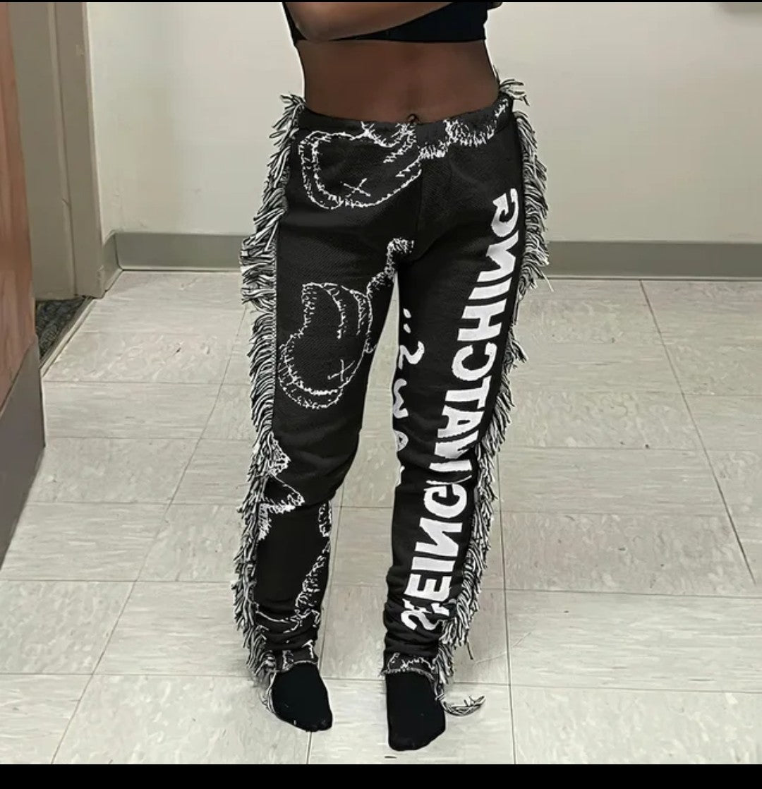 (Free Shipping)(Tariffs included in price) Hot Tassel Print Pants For  Women High Waist Skinny Straight Pants Casual Vintage Long Trousers