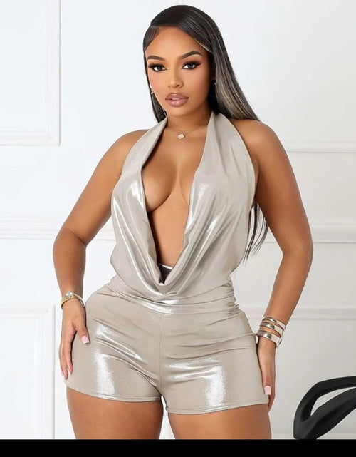 Load image into Gallery viewer, (Free Shipping)(Tariffs included in price) New Summer Women's Metallic Halter Swinging Collar Backless Top Short Jumpsuit
