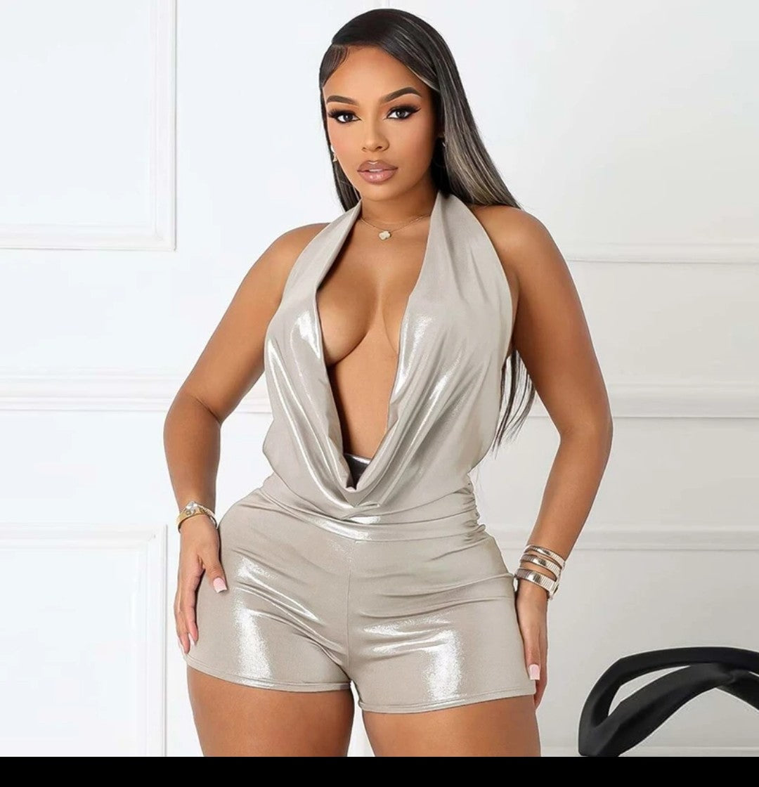 (Free Shipping)(Tariffs included in price) New Summer Women's Metallic Halter Swinging Collar Backless Top Short Jumpsuit