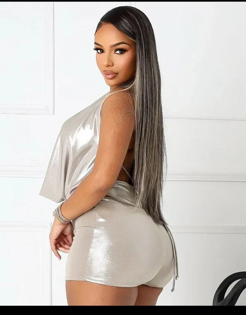 Load image into Gallery viewer, (Free Shipping)(Tariffs included in price) New Summer Women's Metallic Halter Swinging Collar Backless Top Short Jumpsuit
