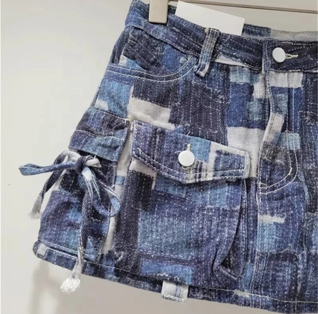 (Free Shipping) Women's denim mini skirt contrasting color multiple pocket patchwork cargo mini skirt