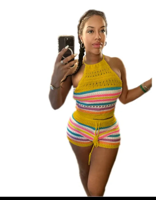 Load image into Gallery viewer, (Free Shipping)(Tariffs included in price) Summer 2Pcs for Women Striped Sleeveless Top &amp; Drawstring High Waist Shorts Set
