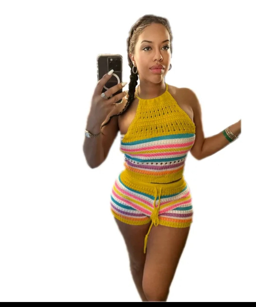 (Free Shipping)(Tariffs included in price) Summer 2Pcs for Women Striped Sleeveless Top & Drawstring High Waist Shorts Set