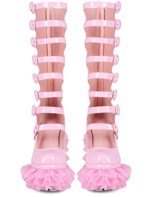 Load image into Gallery viewer, Cut Out Knee High Boots Women Buckle Thick Laced Platform Chunky Heels Back Zipper Long Patent Boots
