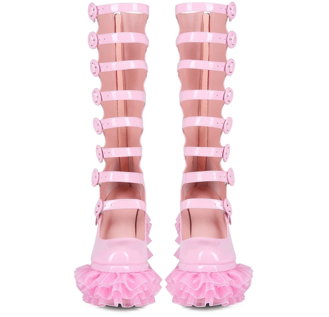 Cut Out Knee High Boots Women Buckle Thick Laced Platform Chunky Heels Back Zipper Long Patent Boots