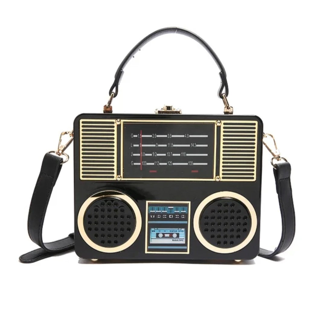 (Free Shipping)(Tariffs included in price) Acrylic Vintage Versatile Creative Radio Handbags Unisex Satchel Metal Punk Shoulder Bag Nostalgia Square Box Bag for women
