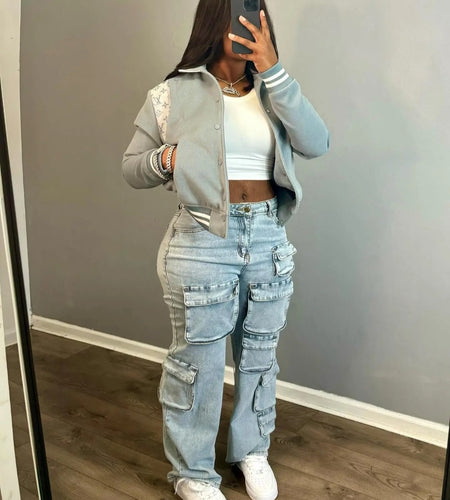 (Free Shipping)(Tariffs included in price) Latest design cargo women's denim pants multi 3D pockets ladies jeans trousers wide leg Streetwear