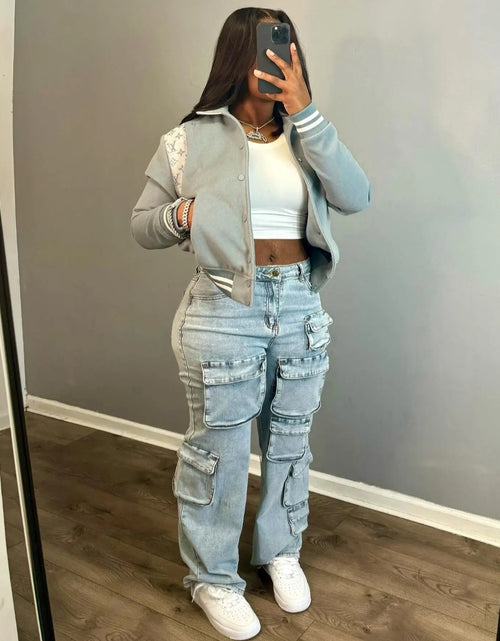 Load image into Gallery viewer, (Free Shipping)(Tariffs included in price) Latest design cargo women's denim pants multi 3D pockets ladies jeans trousers wide leg Streetwear
