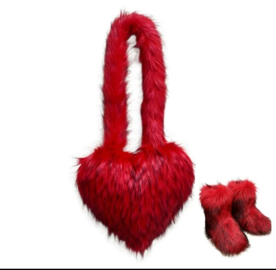 (Free Shipping)(Tariffs included in price) Fashion Forward Fur Shoulder Handbags Spicy Girls Faux Fur Boots and Bag Set Women Purse Furry Boots Matching Set