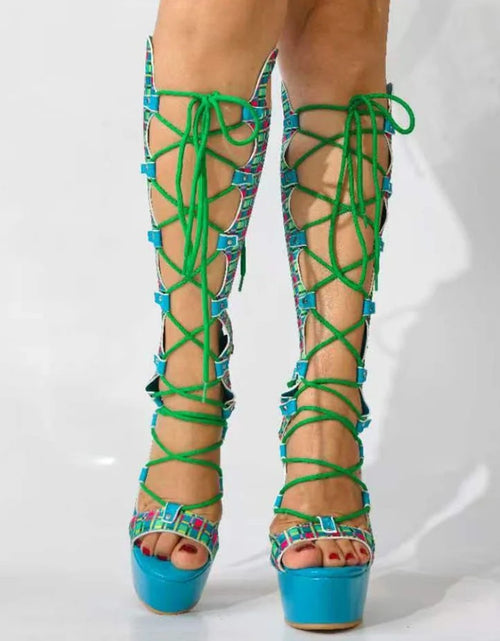 Load image into Gallery viewer, (Free Shipping) Summer Peep Toe Plaid Print Platform Knee High Boots Women's Lace Up Sandals High Heeled Long Cut Out
