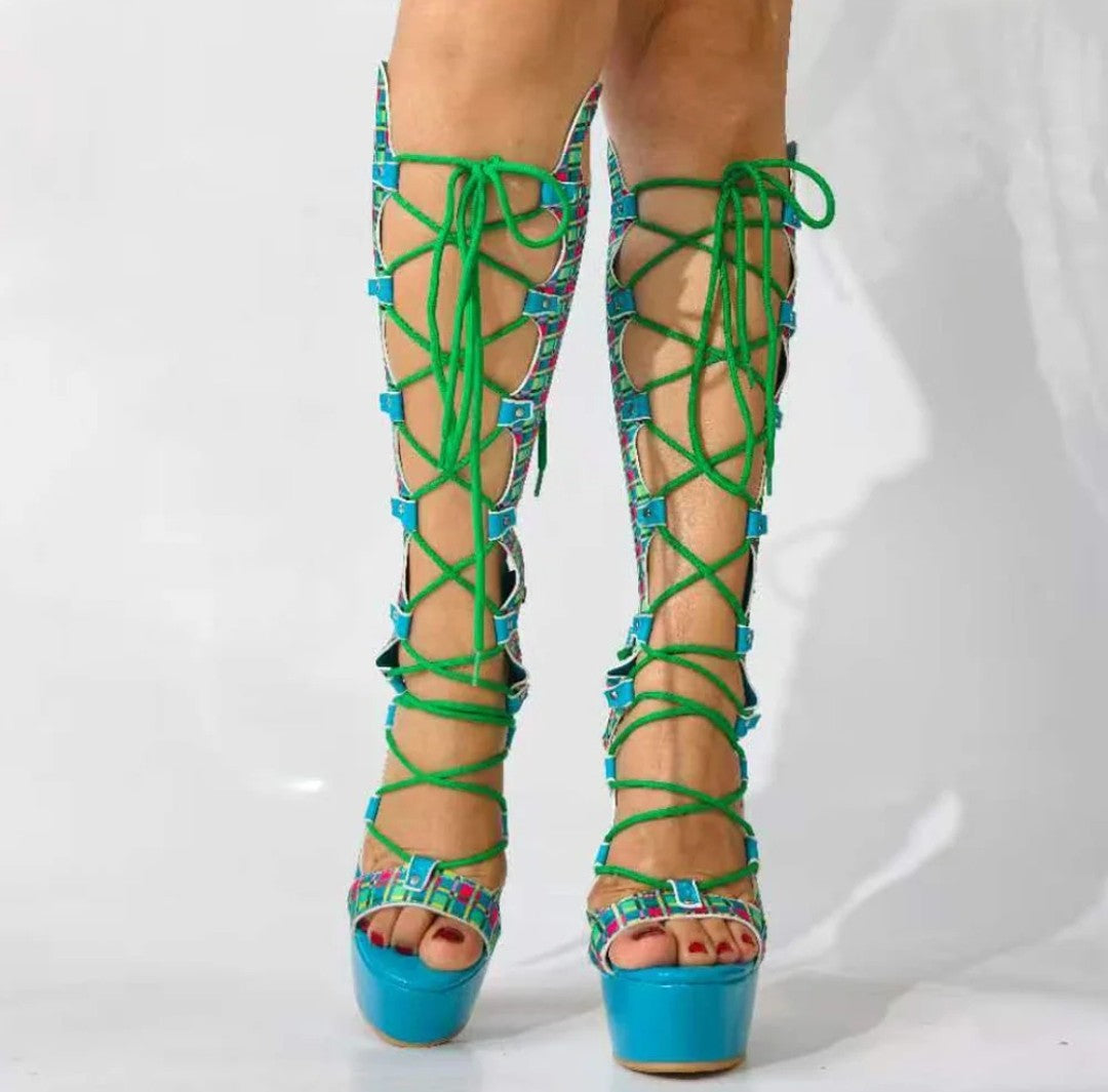 (Free Shipping) Summer Peep Toe Plaid Print Platform Knee High Boots Women's Lace Up Sandals High Heeled Long Cut Out