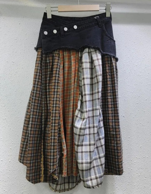 Load image into Gallery viewer, (Free Shipping)(Tariffs included in price) Irregular High Waist Casual Jean Plaid Skirt Women Long Denim Skirt
