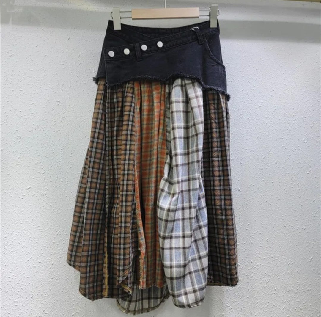 (Free Shipping)(Tariffs included in price) Irregular High Waist Casual Jean Plaid Skirt Women Long Denim Skirt