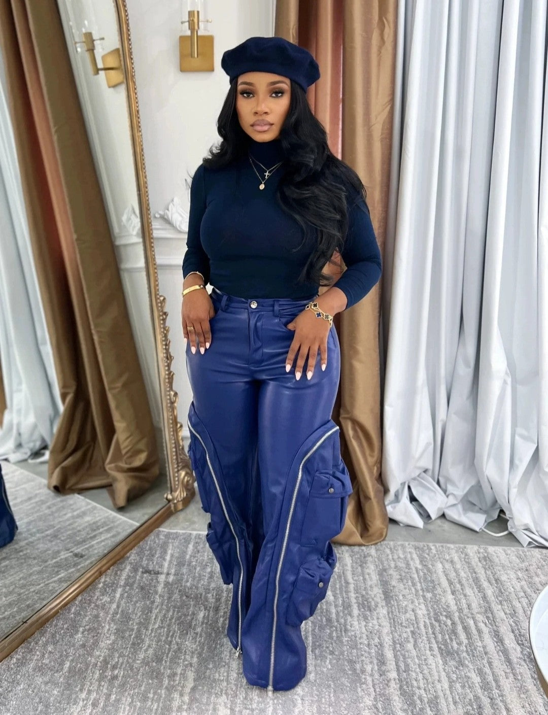 (Free Shipping)(Tariffs included in price)Solid Loose Zipper Detachable Pockets Pant for Women High Waist Pu Leather Trousers