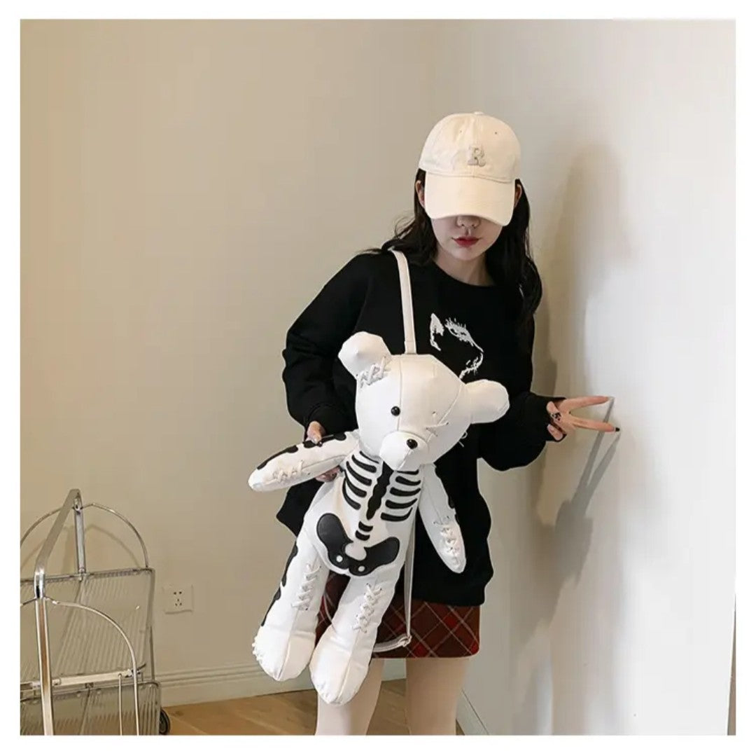 (Free Shipping)(Tariffs included in price) Funny Skeleton Bear Backpack PU Leather Artistic Personality Thriller Single Shoulder Crossbody Backpack Halloween Backpacks