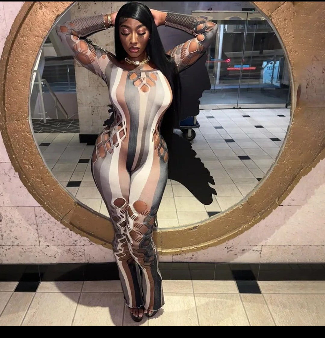 (Free Shipping)(Tariffs included in price) Sexy Hollowed Out Long Sleeve Jumpsuit Women's Romper Slim Off Shoulder Playsuit