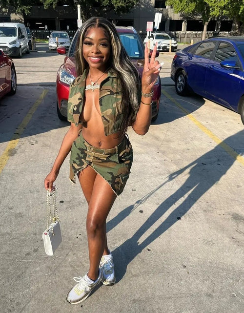 Load image into Gallery viewer, (Free Shipping)(Tariffs included in price) Women's 2 piece shirt set camouflage crop top Irregular sexy skirt suit two piece set women outfit
