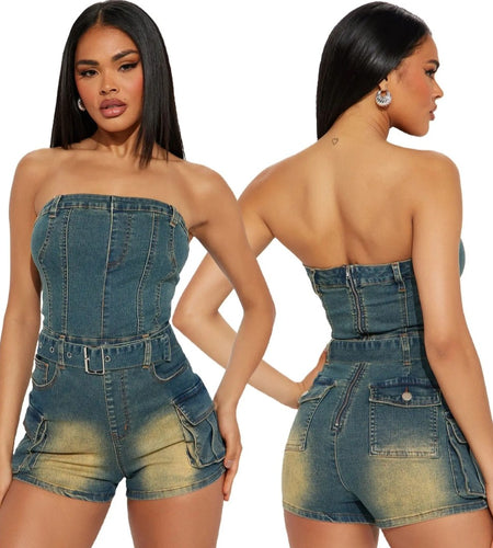 (Free Shipping)(Tariffs included in price) Retro Fashion Denim Bodycon Jumpsuit Women Sleeveless Backless Elasticity Washed Romper Female Overalls