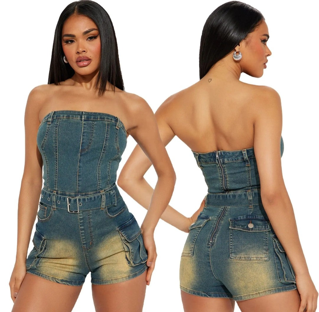 (Free Shipping)(Tariffs included in price) Retro Fashion Denim Bodycon Jumpsuit Women Sleeveless Backless Elasticity Washed Romper Female Overalls