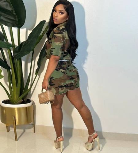 (Free Shipping)(Tariffs included in price) Women's 2 piece shirt set camouflage crop top Irregular sexy skirt suit two piece set women outfit