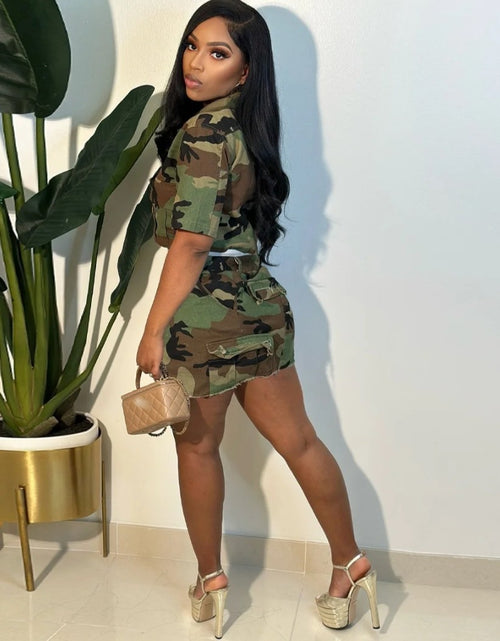 Load image into Gallery viewer, (Free Shipping)(Tariffs included in price) Women's 2 piece shirt set camouflage crop top Irregular sexy skirt suit two piece set women outfit
