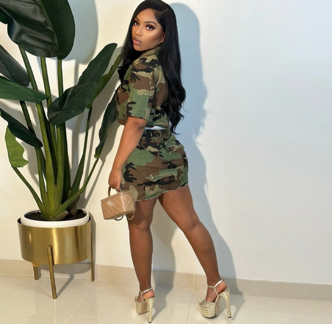 (Free Shipping)(Tariffs included in price) Women's 2 piece shirt set camouflage crop top Irregular sexy skirt suit two piece set women outfit