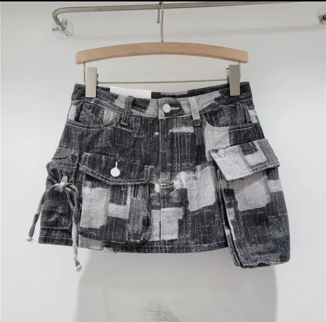 (Free Shipping) Women's denim mini skirt contrasting color multiple pocket patchwork cargo mini skirt