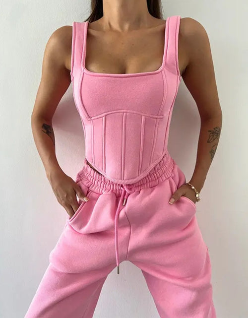Load image into Gallery viewer, (Free Shipping)(Tariffs included in price) This three-piece women's set includes a short hoodie, small vest, and belted sweatpants, featuring anti-pilling, breathable, and quick-dry properties.
