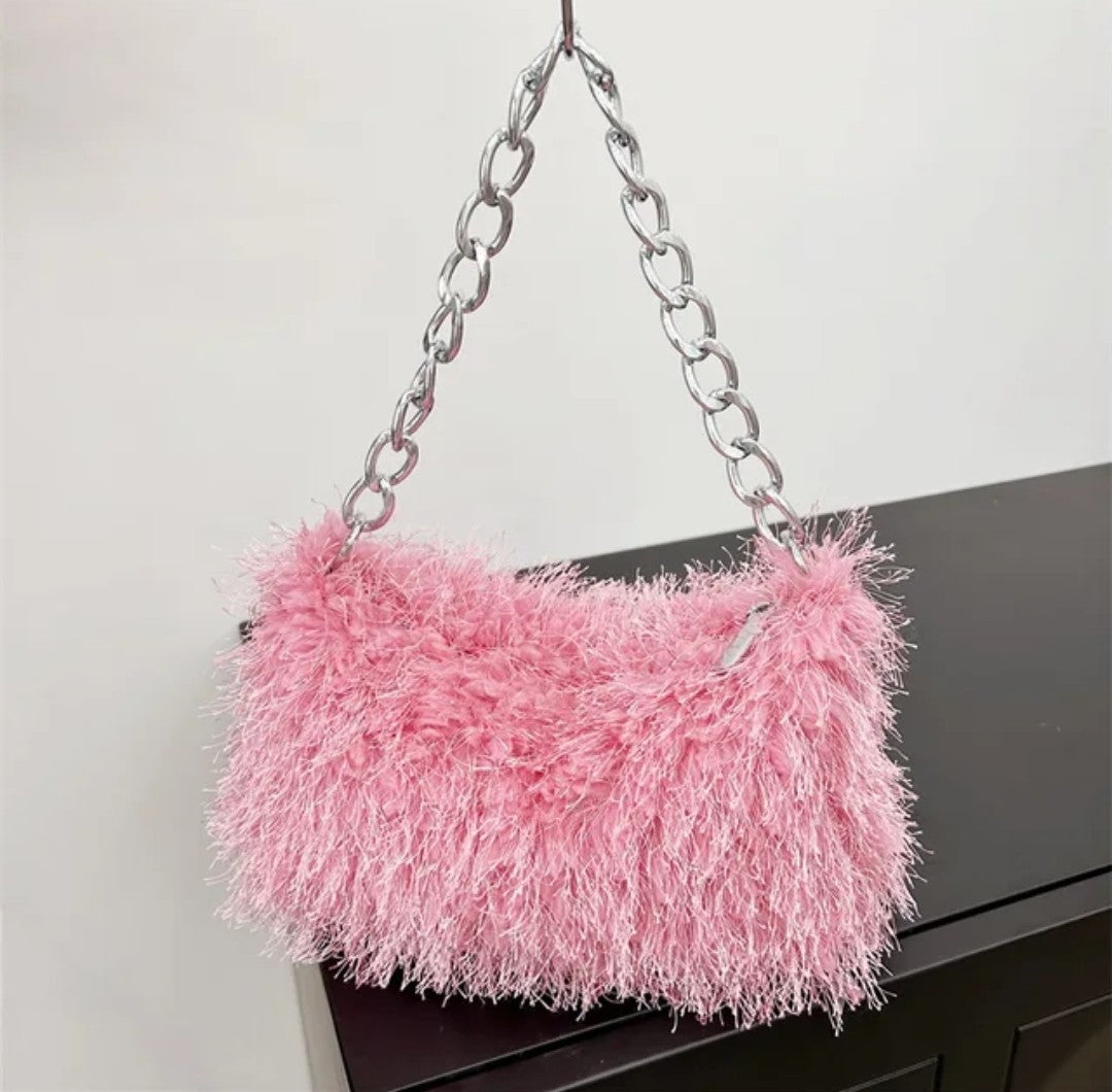 (Free Shipping) Plush Women's Hobos Underarm Bag Hot Girls Furry Clutch Shoulder Bag Luxury Faux Fur Female Fluffy Armpit Handbag