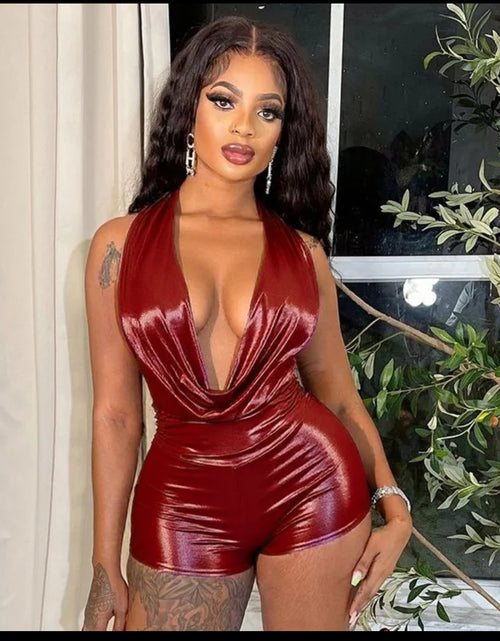 Load image into Gallery viewer, (Free Shipping)(Tariffs included in price) New Summer Women's Metallic Halter Swinging Collar Backless Top Short Jumpsuit
