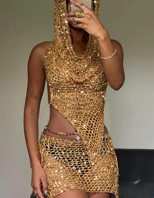 Load image into Gallery viewer, (Free Shipping)(Tariffs included in price) Hooded Knit sequins 2 Piece Set halter top and shorts. Made from a breathable polyester and cotton blend.
