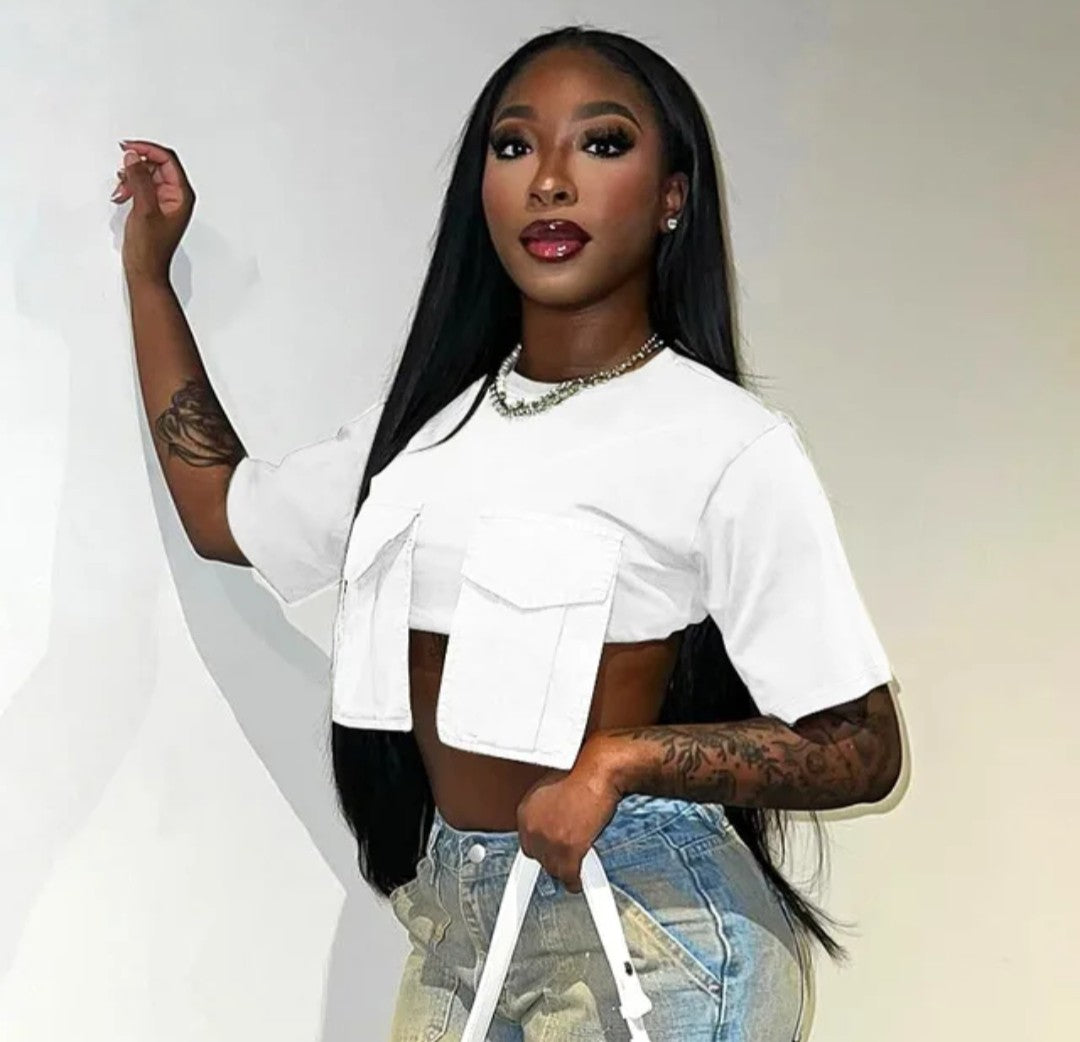 (Free Shipping)(Tariffs included in price) Solid Color O Neck Sexy Women Crop Tank Top oversized pockets