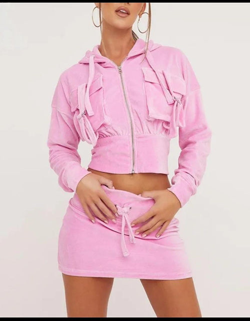 Load image into Gallery viewer, (Free Shipping)(Tariffs included in price) Velvet Pink Hooded Crop Jacket + Mini Skirt 2 Piece Set
