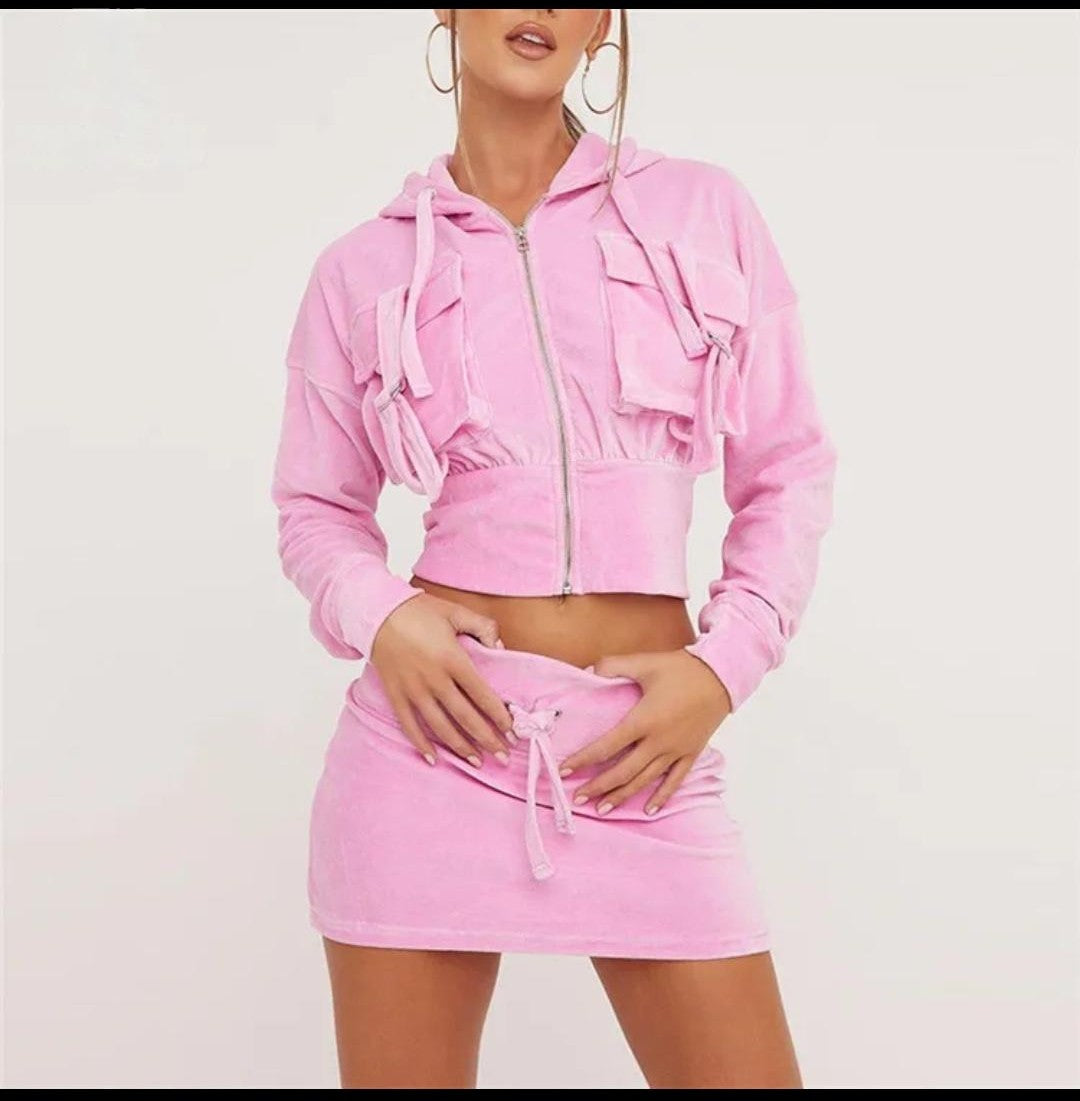 (Free Shipping)(Tariffs included in price) Velvet Pink Hooded Crop Jacket + Mini Skirt 2 Piece Set