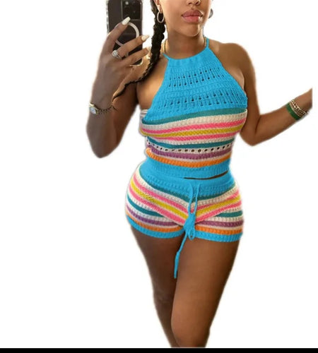 (Free Shipping)(Tariffs included in price) Summer 2Pcs for Women Striped Sleeveless Top & Drawstring High Waist Shorts Set