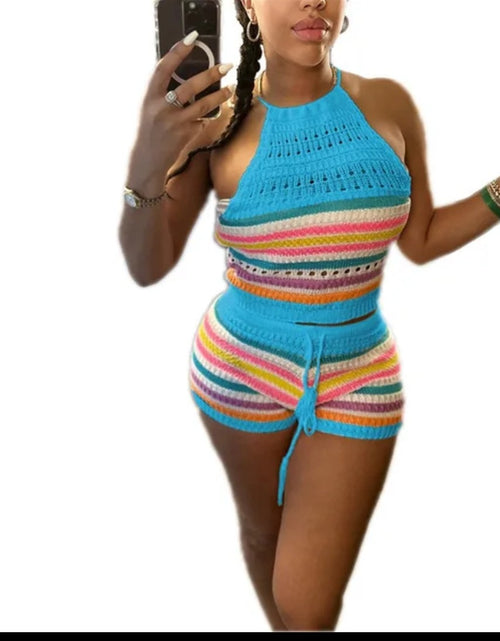 Load image into Gallery viewer, (Free Shipping)(Tariffs included in price) Summer 2Pcs for Women Striped Sleeveless Top &amp; Drawstring High Waist Shorts Set
