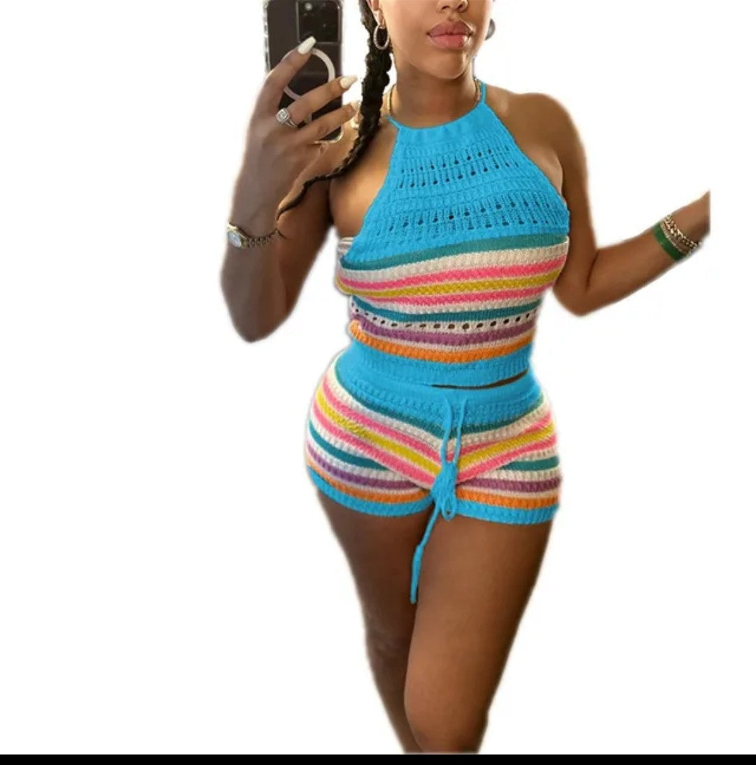 (Free Shipping)(Tariffs included in price) Summer 2Pcs for Women Striped Sleeveless Top & Drawstring High Waist Shorts Set