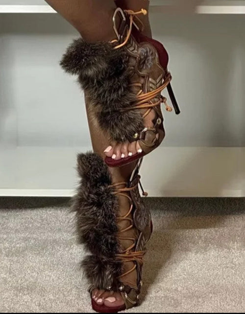 Load image into Gallery viewer, (Free Shipping) Fluffy Fur Decorated Cross Laced Wide Fit Metal Elements High Heels
