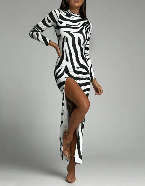Load image into Gallery viewer, Women's Long Leopard Striped Split Animal Print Turtleneck Long Sleeve Slim Fit Dress

