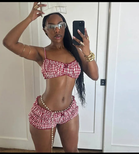 (Free Shipping)(Tariffs included in price) Plaid 2 Piece Beach Set Elastic Camisole+Ruched Shorts