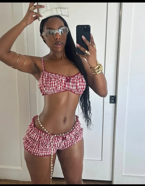 Load image into Gallery viewer, (Free Shipping)(Tariffs included in price) Plaid 2 Piece Beach Set Elastic Camisole+Ruched Shorts
