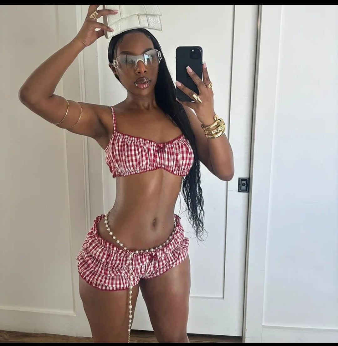 (Free Shipping)(Tariffs included in price) Plaid 2 Piece Beach Set Elastic Camisole+Ruched Shorts