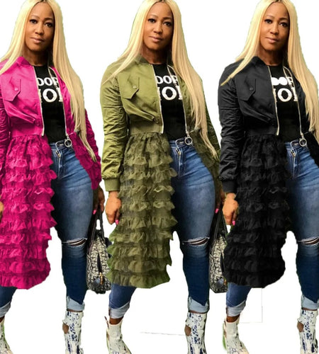 (Free Shipping)(Tariffs included in price) Spring fashion dress patch mesh ruffle woman zip long jacket coat