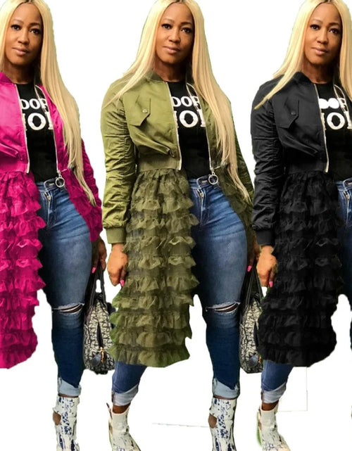 Load image into Gallery viewer, (Free Shipping)(Tariffs included in price) Spring fashion dress patch mesh ruffle woman zip long jacket coat
